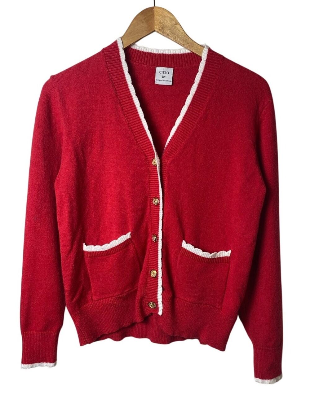 Red Coquette Cielo White Trim Gold Button Pocketed Cardigan Holiday Size Medium